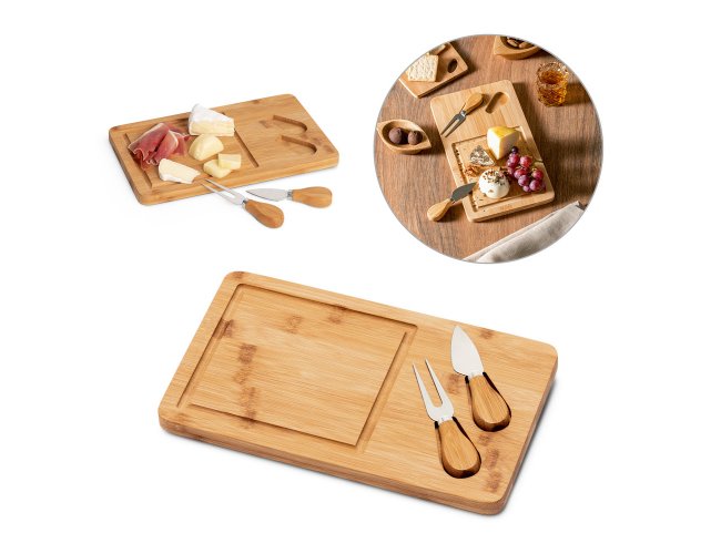WOODS. T�bua de queijos em bambu com 2 utens�lios em bambu e a�o inox