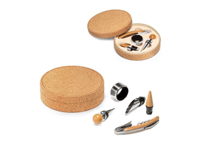 MORETO. Conjunto para vinho com 4 pe�as em madeira e metal