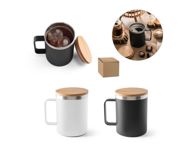 LAUDA. Copo de viagem em a�o inox 90% reciclado, t�rmico com parede dupla isolada a v�cuo e tampa em bambu 420 mL