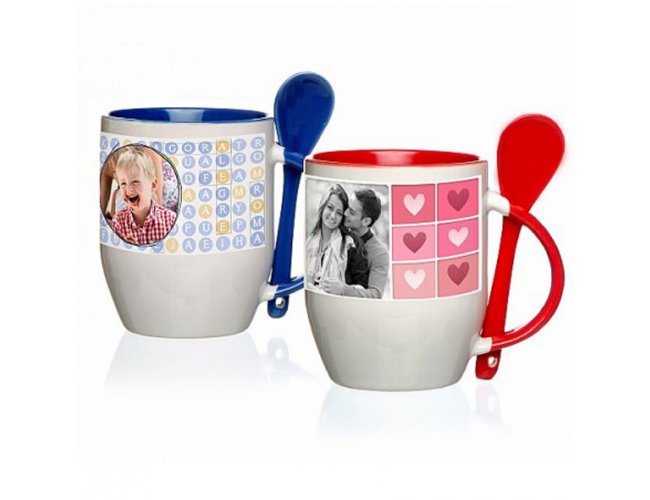 Caneca Porcelana Branca Bicolor com Colher